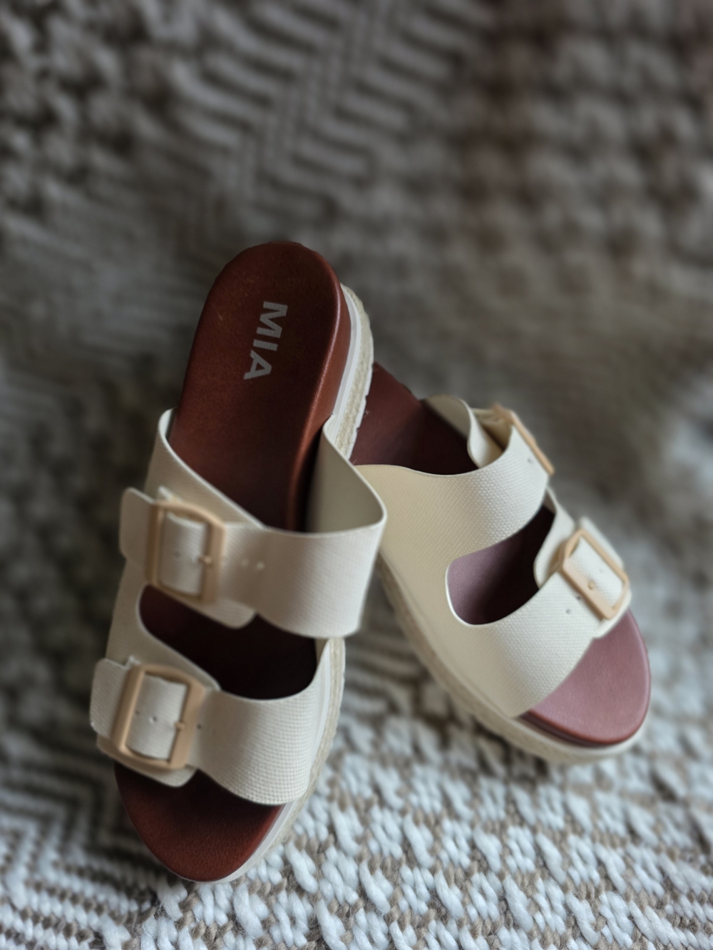 MIA Cream Double Buckle Slide Sandals